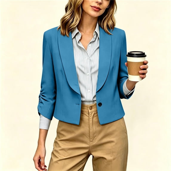Warop Women's Solid Business Casual Lapel Collar Open Front 3/4 Sleeve Short Blazer Jacket with Pockets for Office
