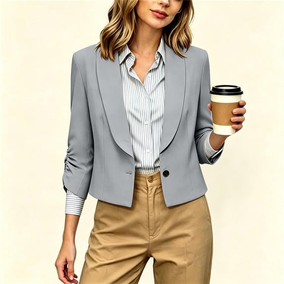 Warop Women's Solid Business Casual Lapel Collar Open Front 3/4 Sleeve Short Blazer Jacket with Pockets for Office