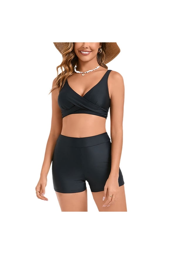 Women's Solid Color Cross Back Bikini Set with Adjustable Ties, Swimwear 2 Piece for Beach and Pool