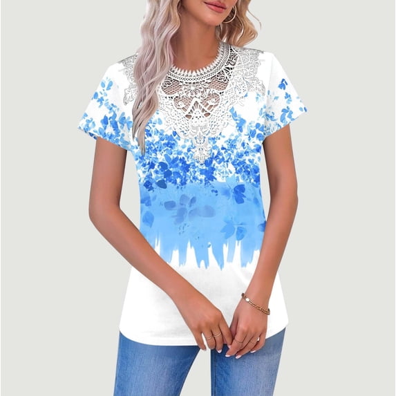 Warop Women's Solid Color Lace V-Neck Pullover Top, Short Sleeve Casual Blouse for Daily Wear and Office