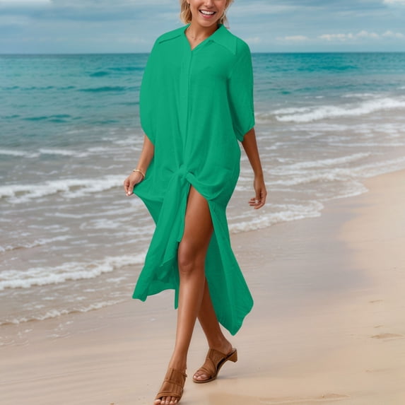 Warop Women's Solid Color Lapel Collar Sun Protection Cover-Up, Slub Cotton Beach Shirt for Bikini, Swim and Casual Wear