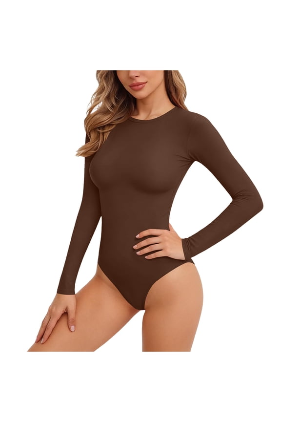 Women's Solid Color Long Sleeve Bodysuit, Form-Fitting Thong Style with Milk Silk Fabric, Stretchy and Comfortable for All-Day Wear, Perfect for Underwear, Layering, and Daily Use