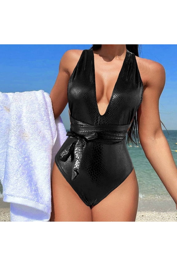 Women's Solid Color Sequin V-Neck Tie-Back One-Piece Swimsuit, Backless Monokini with Shiny Glitter for Beach and Pool