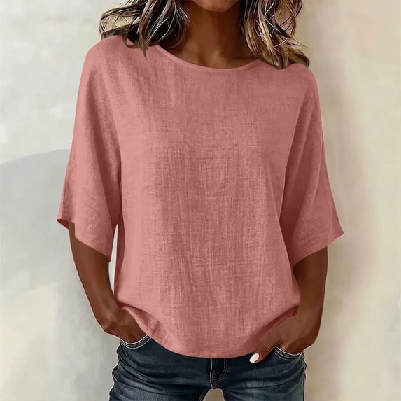 Warop Women's Solid Cotton Linen Feel Crew Neck 3/4 Sleeve Top Lightweight Casual Loose Blouse Pullover for Daily