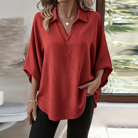 Warop Women's Solid Loose Fit V Neck 3/4 Sleeve Top Casual Lightweight Pullover Blouse Tunic for Daily Office Wear