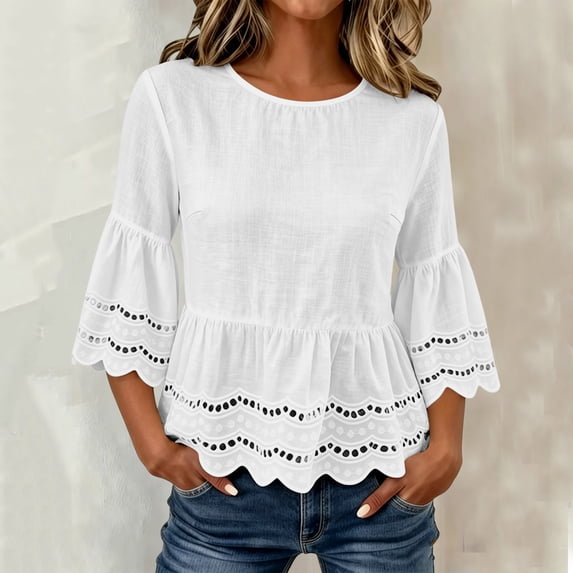 Warop Women's Spring Summer Solid Crew Neck Short Sleeve Cotton Linen Top Lightweight Blouse for Daily Vacation