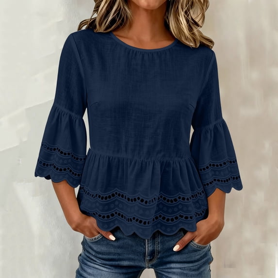 Warop Women's Spring Summer Solid Crew Neck Short Sleeve Cotton Linen Top Lightweight Blouse for Daily Vacation