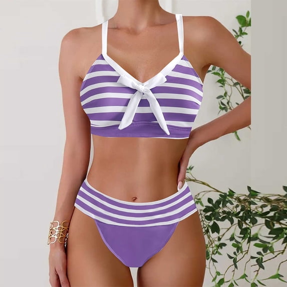 Warop Women's Striped 2-Piece Bikini Set, Fashionable Style, Full-Coverage , High-Waisted Bottom and Adjustable Tops for Comfort and Support, Perfect for Beach Vacation, Pool Party, and Summer Swim