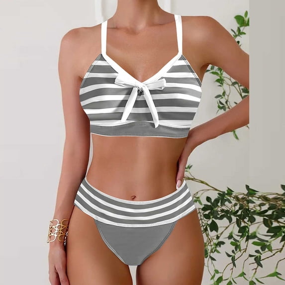 Warop Women's Striped 2-Piece Bikini Set, Fashionable Style, Full-Coverage , High-Waisted Bottom and Adjustable Tops for Comfort and Support, Perfect for Beach Vacation, Pool Party, and Summer Swim