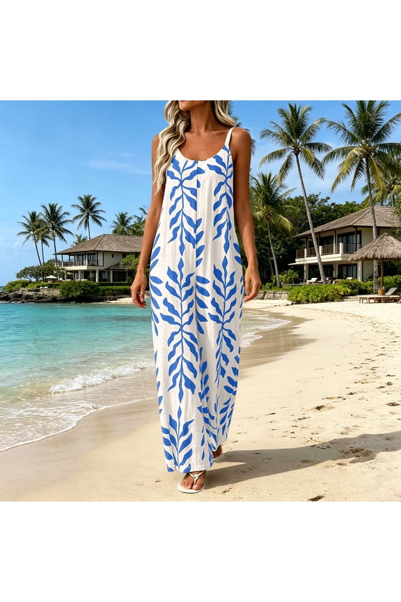 Women's Summer Backless Halter Jumpsuit with Leaf Print, Wide Leg Vacation Casual Romper for Beach and Daily Wear