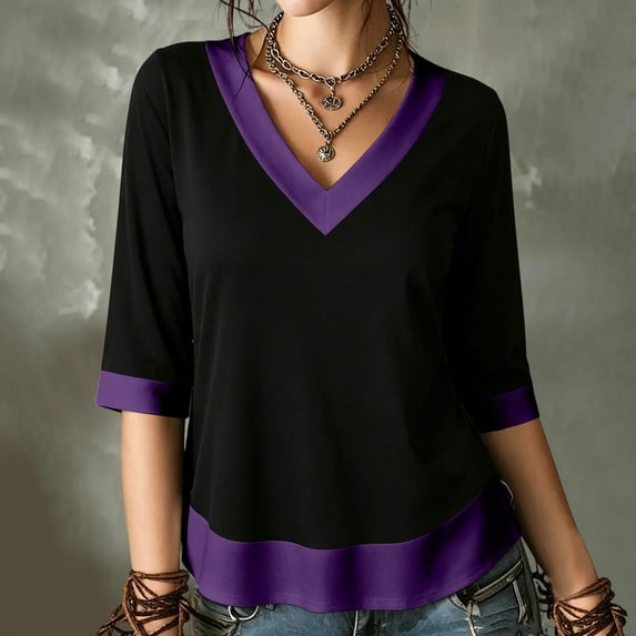 Warop Women's Summer Color Block V Neck 3/4 Sleeve Top Contrast Cuff Hem Casual Loose Tee Blouse for Daily Outing