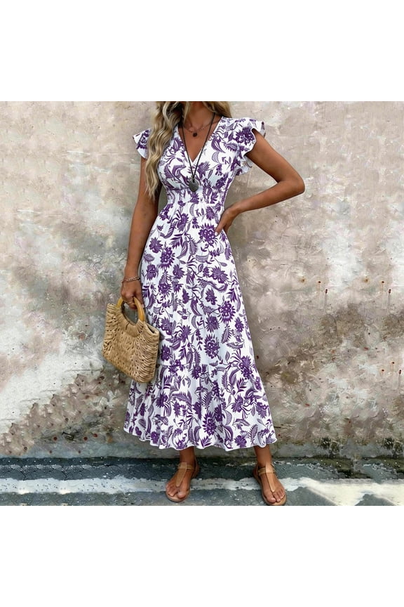 Women's Summer Maxi Dresses Boho Vacation Sundress Wrap V Neck Floral Ruffle Sleeve Fitted Waist A-Line Long Dress