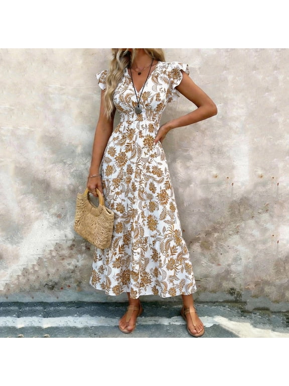 Women's Summer Maxi Dresses Boho Vacation Sundress Wrap V Neck Floral Ruffle Sleeve Fitted Waist A-Line Long Dress