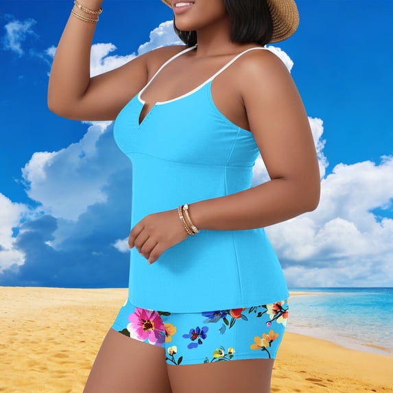 Warop Women's Tankini Swimsuit, Casual Solid Color Two-Piece Strap Top with Padded Bra, for Beach and Swimming
