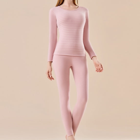Warop Women's Thermal Pajama Set, Long Sleeve Round Neck Solid Color, for Casual Lounge and Sleep