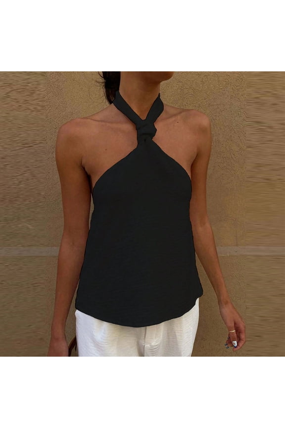 Women's Twist Knot Halter Tank Top, Short V-Neck Solid Color, Casual for Summer Beach Daily Wear