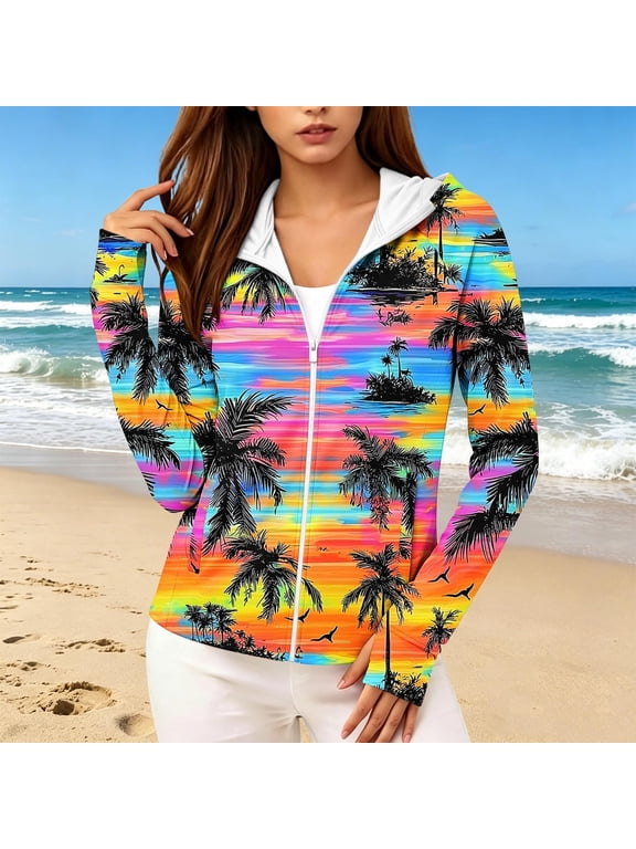 Women's UPF 50+ Sun Protection Zip Up Hooded Long Sleeve Jacket with Irregular Print Finger Cuffs Beach Top