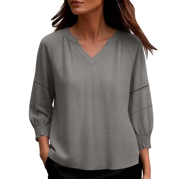 Warop Women's V Neck 3/4 Sleeve Tops Solid Color Ruched Basic Business T Shirts Casual Loose Pullover Blouses