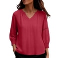 thumbnail image 1 of Warop Women's V Neck 3/4 Sleeve Tops Solid Color Ruched Basic Business T Shirts Casual Loose Pullover Blouses, 1 of 5