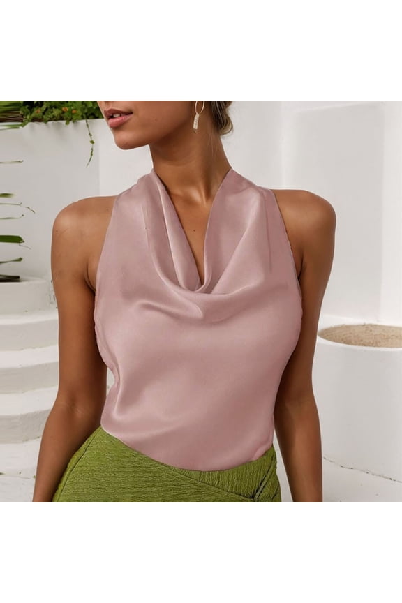 Women's V-Neck Halter Tank Top, Sleeveless with Ruffle Neckline and Back Tie, Solid Color, for Casual Summer Wear