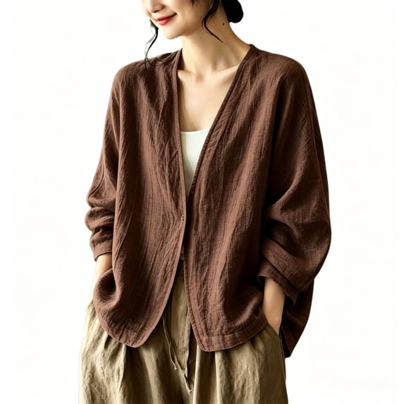 Warop Women's V Neck Open Front Cardigan Long Sleeve Loose Solid Casual Knit Outwear for Daily and Work Wear