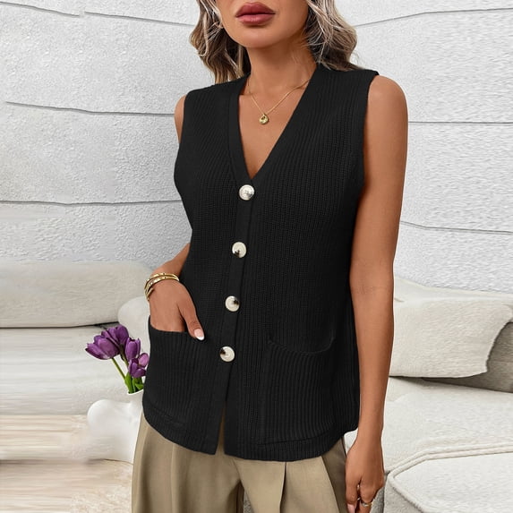 Warop Women's Vest, Solid Color with Pockets, Button Front V-Neck Sleeveless, Casual Wear for Daily Use