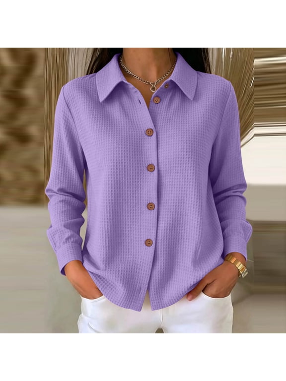 Women's Waffle Knit Button Down Cardigan Long Sleeve Open Front Lapel Shirt Top for Casual and Daily Work