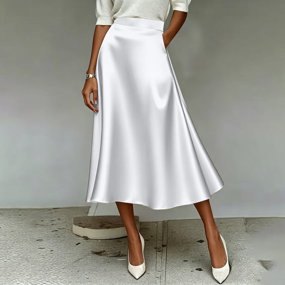 Warop Women's White Pleated Skirt High Waisted A-Line Midi Skirt Casual Flowy Skirt for Summer Office Party Daily Wear