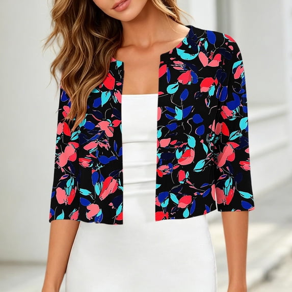 Warop Womens 3/4 Sleeve Open Front Lightweight Cropped Tops Shrug Cardigan Fashionable Floral Print Blouse