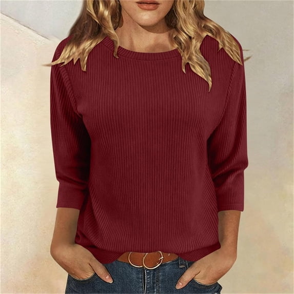 Warop Womens 3/4 Sleeve Sweater Crew Neck Pullover Casual Solid Color Knit Tops Fall Lightweight Loose Blouse