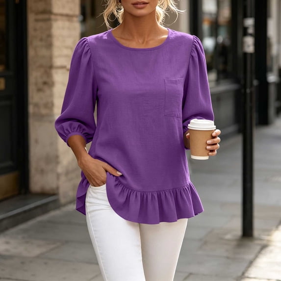 Warop Womens 3/4 Sleeve Tops Solid Ruffle Flowy Crew Neck Blouses Dressy Casual Loose Work Outfits with Pockets