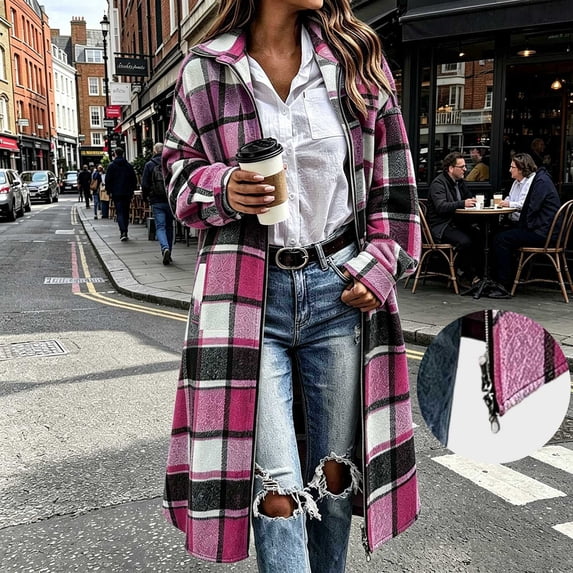 Warop Womens Casual Plaid Shacket Jacket Lapel Double Zipper Pocketed Long Coat Fall Winter Clothing