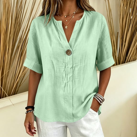 Warop Womens Cotton Linen V-Neck Short Sleeve Shirt, Button-Down Casual Blouse with Breathable Fabric for Spring Summer Outfits and Office Wear