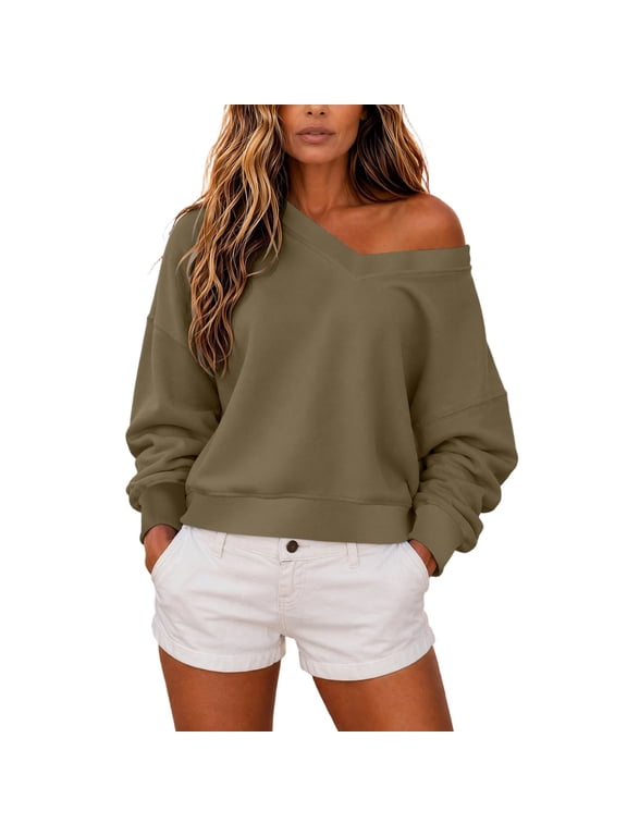 Womens Double V Neck Crop Sweatshirt, Drop Shoulder Long Sleeve Ribbed Cuff Pullover, Knit Casual Relaxed Top for Daily