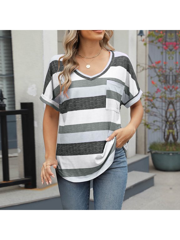 Womens Loose Casual Striped Color-Block V-Neck Pocket Short Sleeve Top, Breathable Short Sleeve Shirt for Spring, Summer, Travel and Daily Wear
