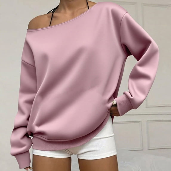 Warop Womens Off Shoulder Sweatshirt Solid Color Long Sleeve Pullover Top Casual Comfy Fall Outfits