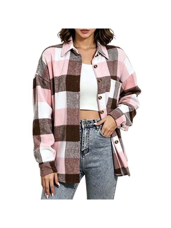 Womens Plaid V Neck Button Long Sleeve Cardigan Jacket, Casual Checked Knit Open Front Coat Top for Women Fall Daily