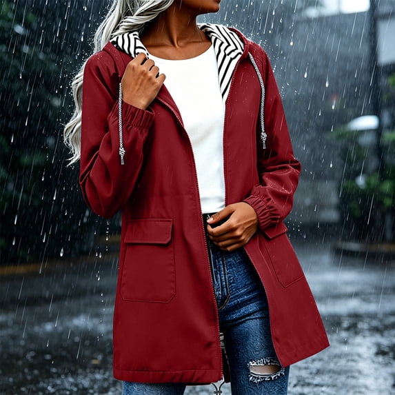 Warop Womens Rain Jacket with Hood Lightweight Long Waterproof Rain Coat Outdoor Active Windbreaker with Pocket