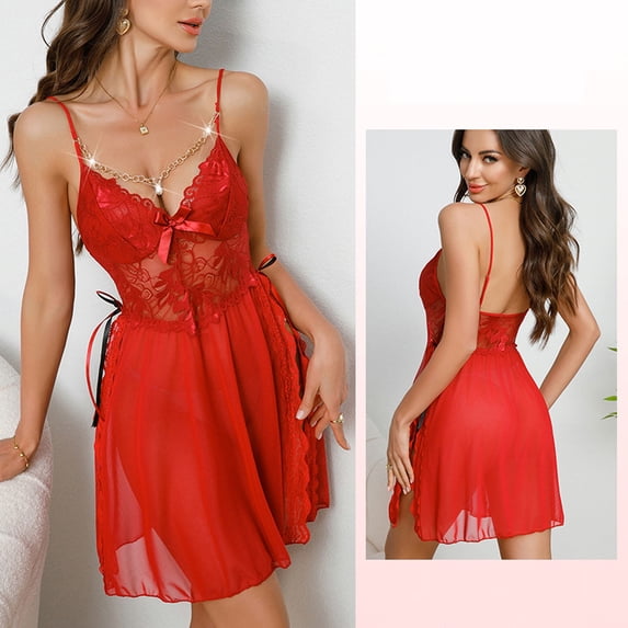 Warop Womens Sexy Nightgown with V-Neck, Solid Color, Lace, Mesh, Backless and Slit Design for Sleep and Lounge