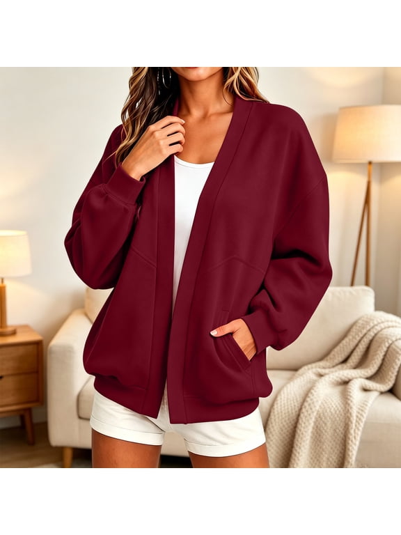 Womens Solid Color Long Sleeve Cardigan Sweatshirt with Pockets, Open Front Casual Knit Jacket Top for Women Everyday Wear