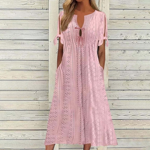 Warop Womens Summer Maxi Long Dresses V-Neck Eyelet Short Sleeve Strap Solid Long Dress Casual Vacation Sundress