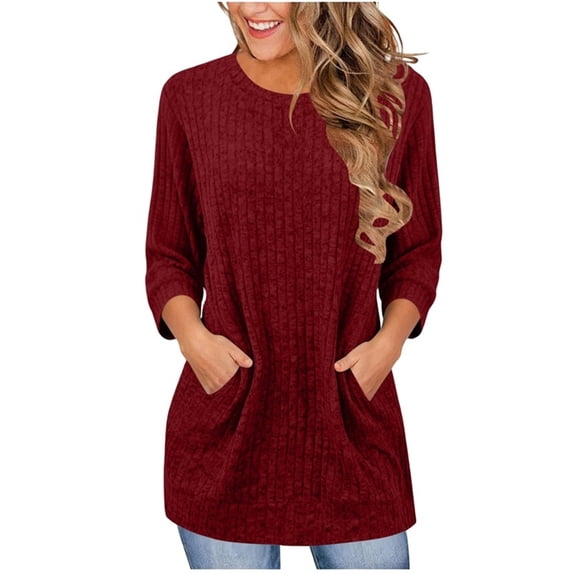 Warop Womens Sweaters Crewneck 3/4 Sleeve Shirts Casual Solid Color Tunic Top with Pockets Fall Outfits