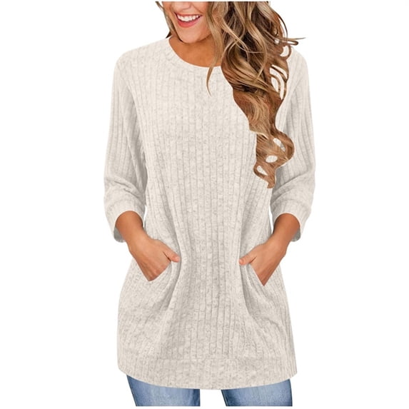 Warop Womens Sweaters Crewneck 3/4 Sleeve Shirts Casual Solid Color Tunic Top with Pockets Fall Outfits