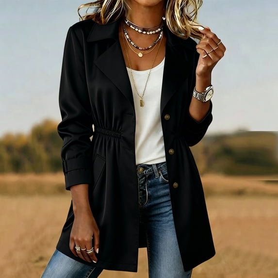 Warop Womens Trench Coat, Notch Collar Long Sleeve with Pockets, Lightweight Casual Jacket for Spring Fall Daily Wear