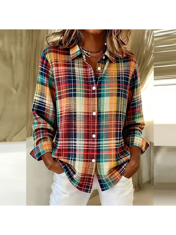 Womens Turndown Collar Button Down Plaid Long Sleeve Shirt, Linen Look Casual Blouse Top, Loose Relaxed Daily Wear for Fall