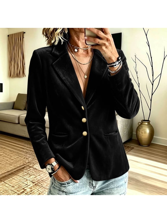 Womens Velvet Blazer Jacket with Button Pocket, Turndown Collar Long Sleeve Coat, Fashion Casual Outwear for Fall Winter