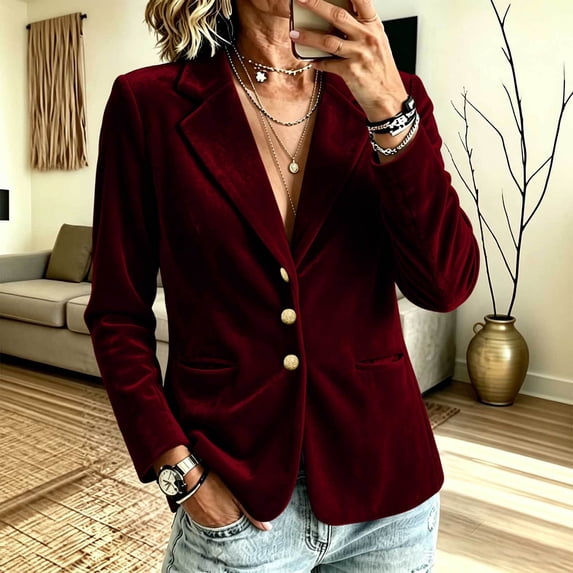 Warop Womens Velvet Blazer Jacket with Button Pocket, Turndown Collar Long Sleeve Coat, Fashion Casual Outwear for Fall Winter