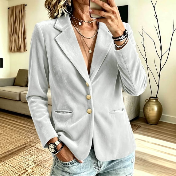 Warop Womens Velvet Blazer Jacket with Button Pocket, Turndown Collar Long Sleeve Coat, Fashion Casual Outwear for Fall Winter