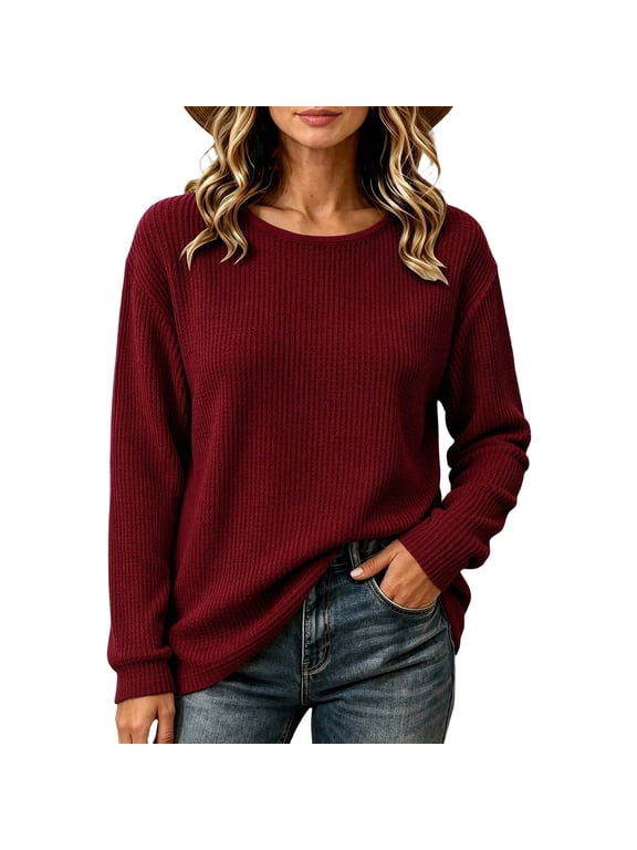 Womens Waffle Knit Long Sleeve Shirts Solid Color Crewneck Pullover Lightweight Casual Fall Top