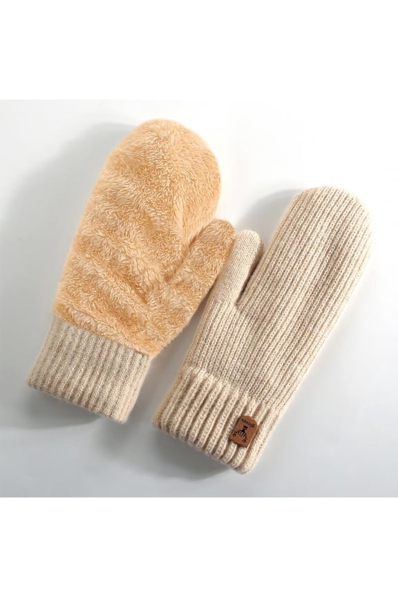 Womens Winter Knitted Mittens, Thick Fleece-Lined Solid Color, Warm Thermal Gloves for Outdoor Activities and Daily Use